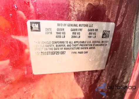 2016 Chevrolet Malibu Ls из США, поврежденный, VIN 1G1ZB5ST0GF251087